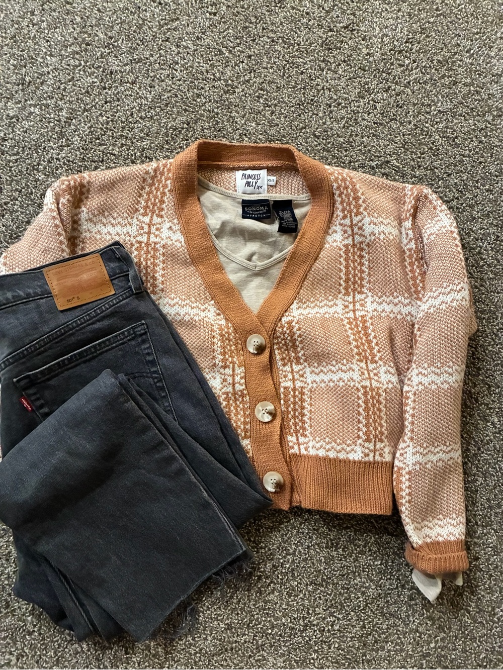 Princess Polly Rust & Cream Plaid Cropped Button Cardigan